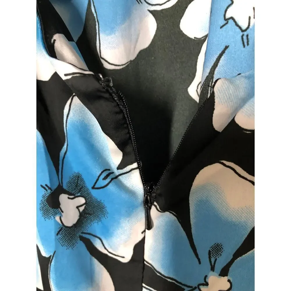Topshop Dress Floral Print Puff Sleeve Cutout Back Mini Black Blue 10 Petite